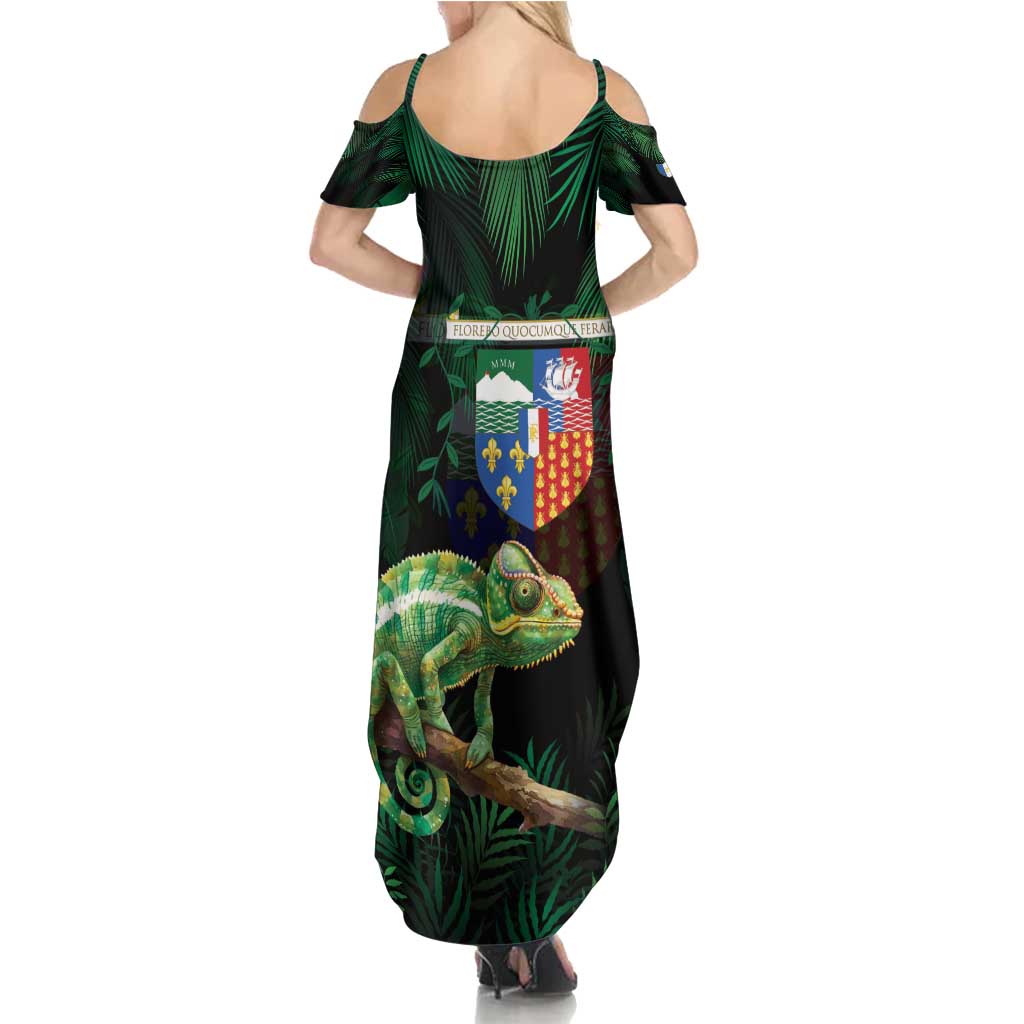 Reunion Island Family Matching Summer Maxi Dress and Hawaiian Shirt Furcifer Pardalis With Coat Of Arms