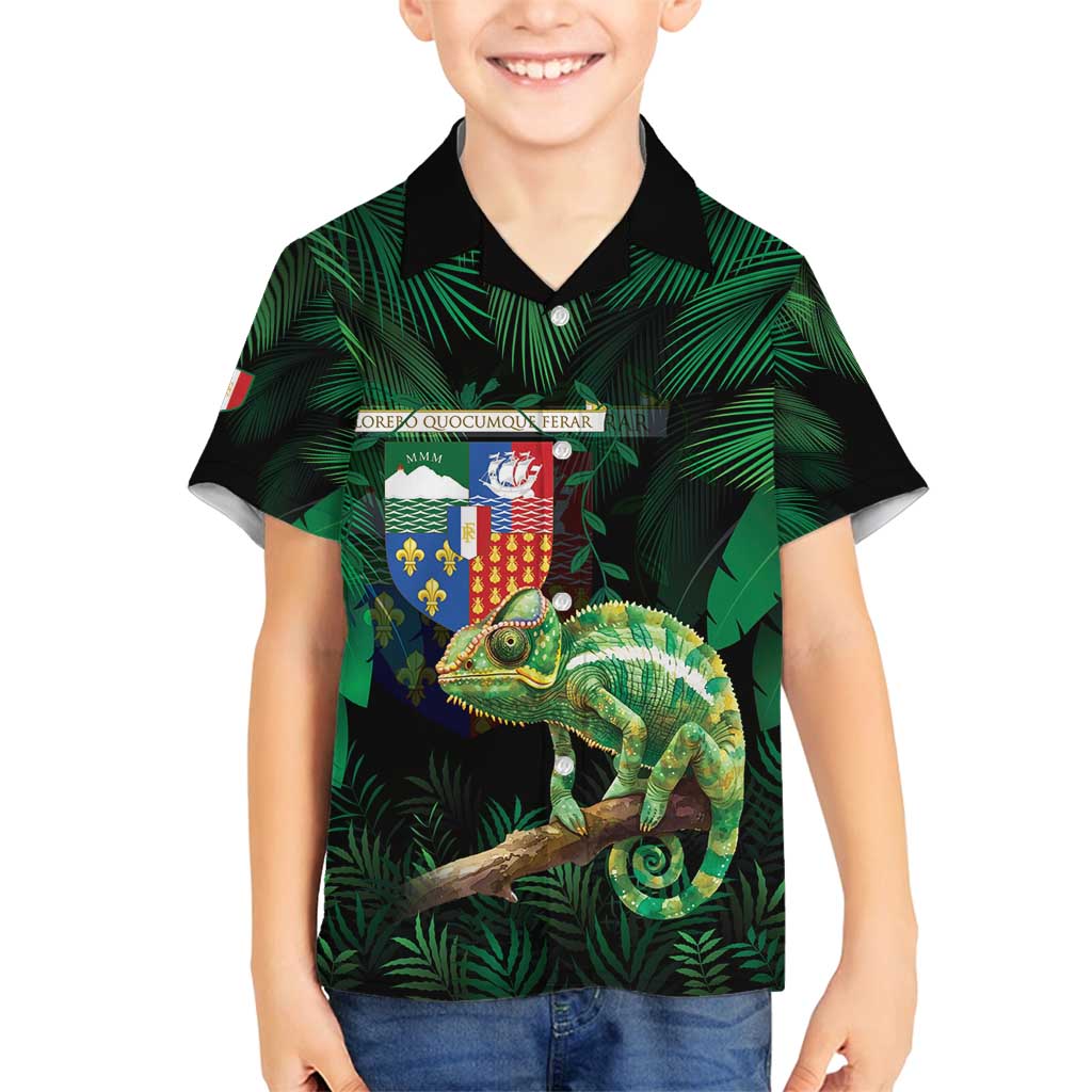 Reunion Island Family Matching Summer Maxi Dress and Hawaiian Shirt Furcifer Pardalis With Coat Of Arms