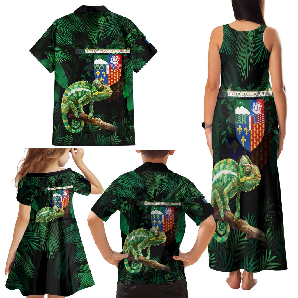 Reunion Island Family Matching Tank Maxi Dress and Hawaiian Shirt Furcifer Pardalis With Coat Of Arms