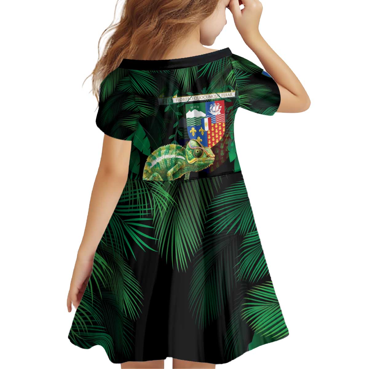 Reunion Island Kid Short Sleeve Dress Furcifer Pardalis With Coat Of Arms