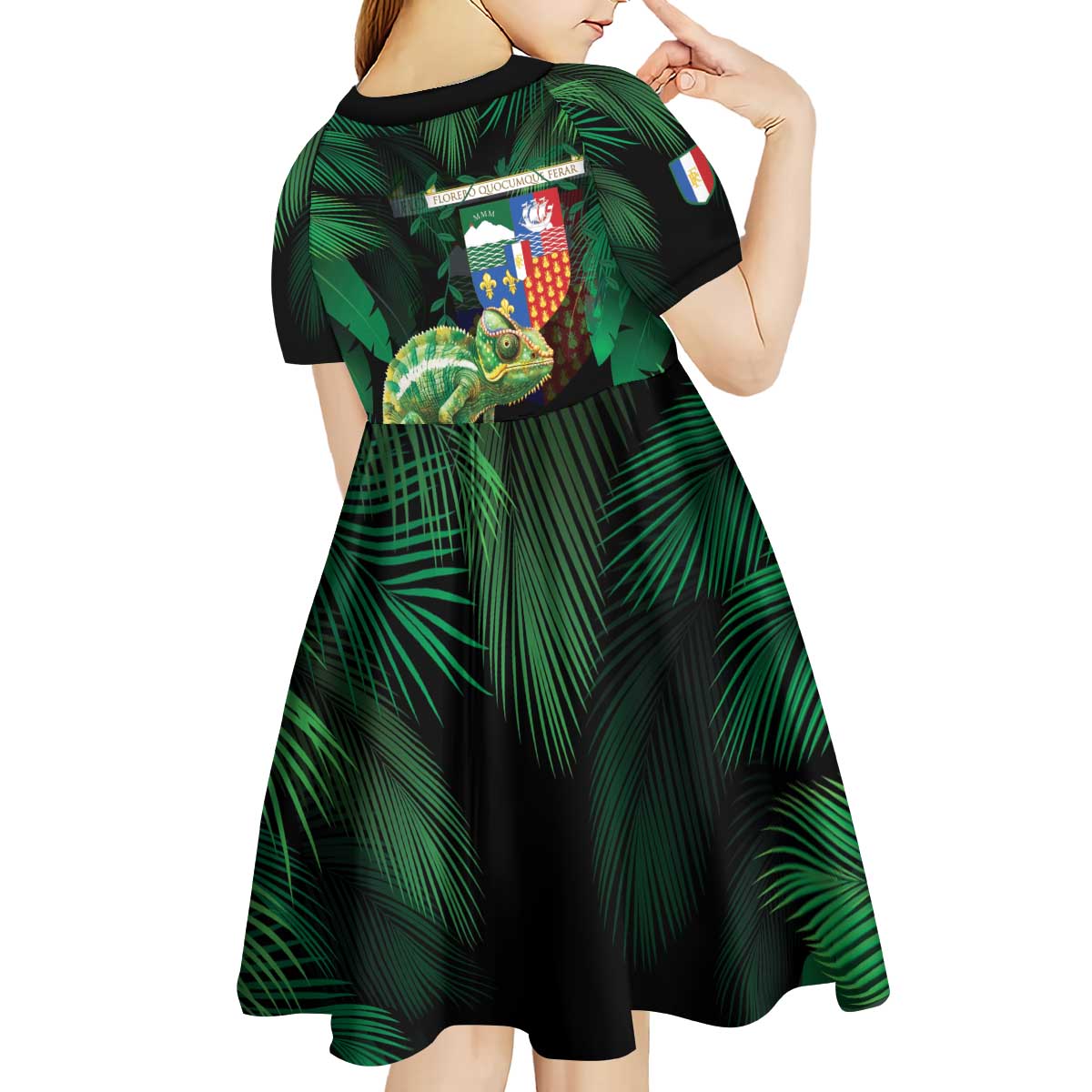 Reunion Island Kid Short Sleeve Dress Furcifer Pardalis With Coat Of Arms