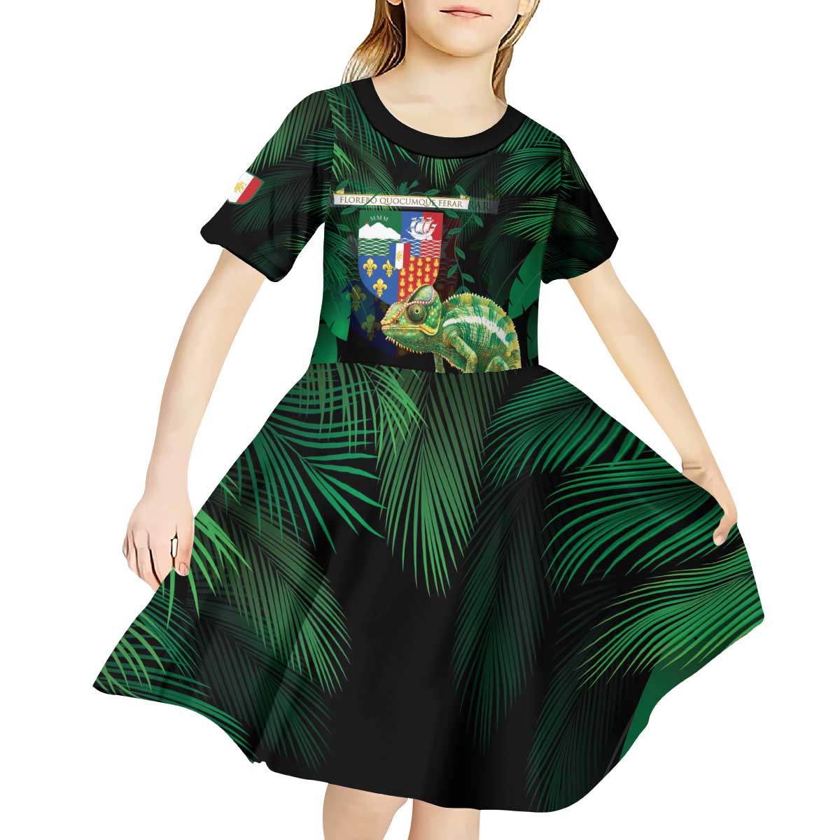 Reunion Island Kid Short Sleeve Dress Furcifer Pardalis With Coat Of Arms