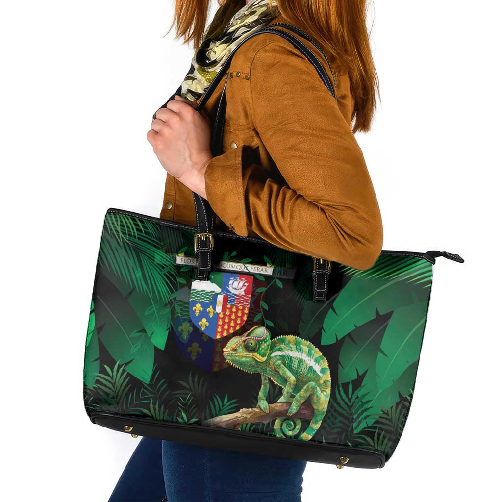 Reunion Island Leather Tote Bag Furcifer Pardalis With Coat Of Arms