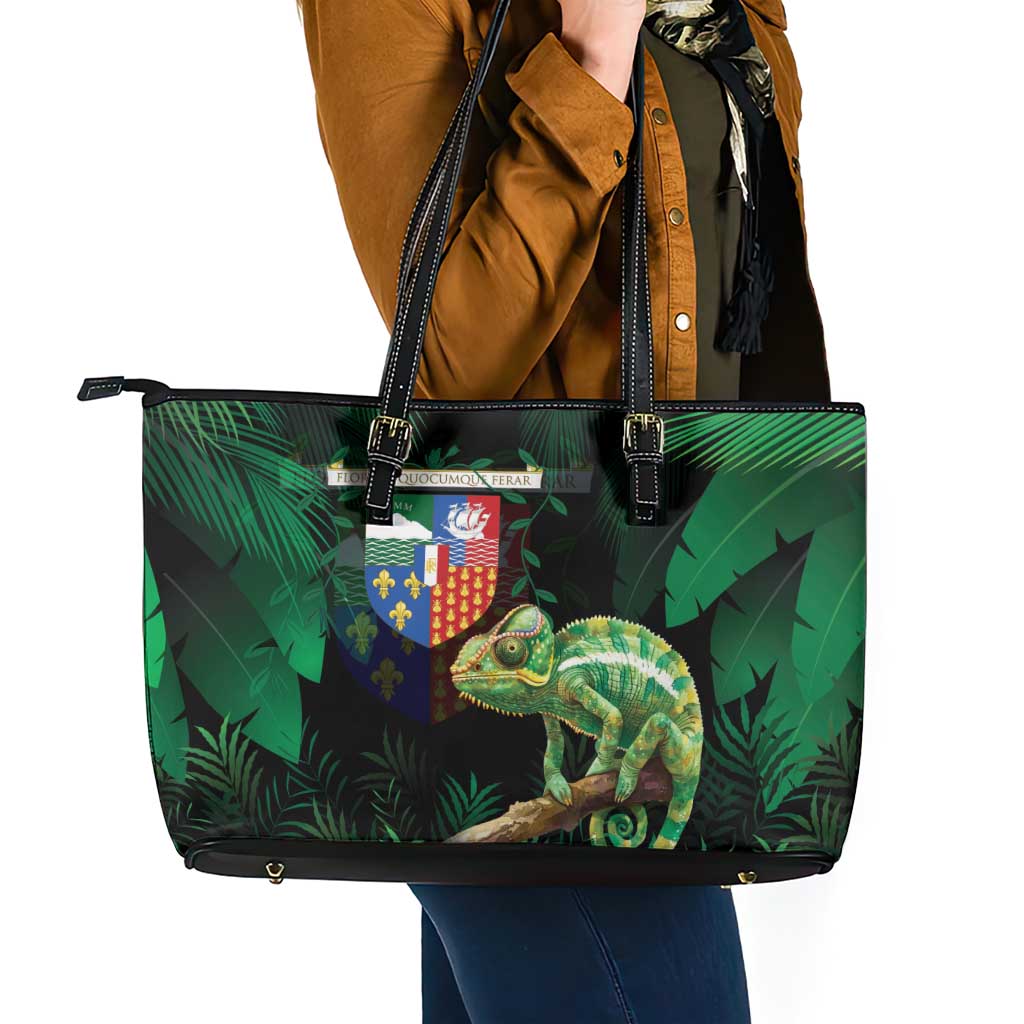 Reunion Island Leather Tote Bag Furcifer Pardalis With Coat Of Arms