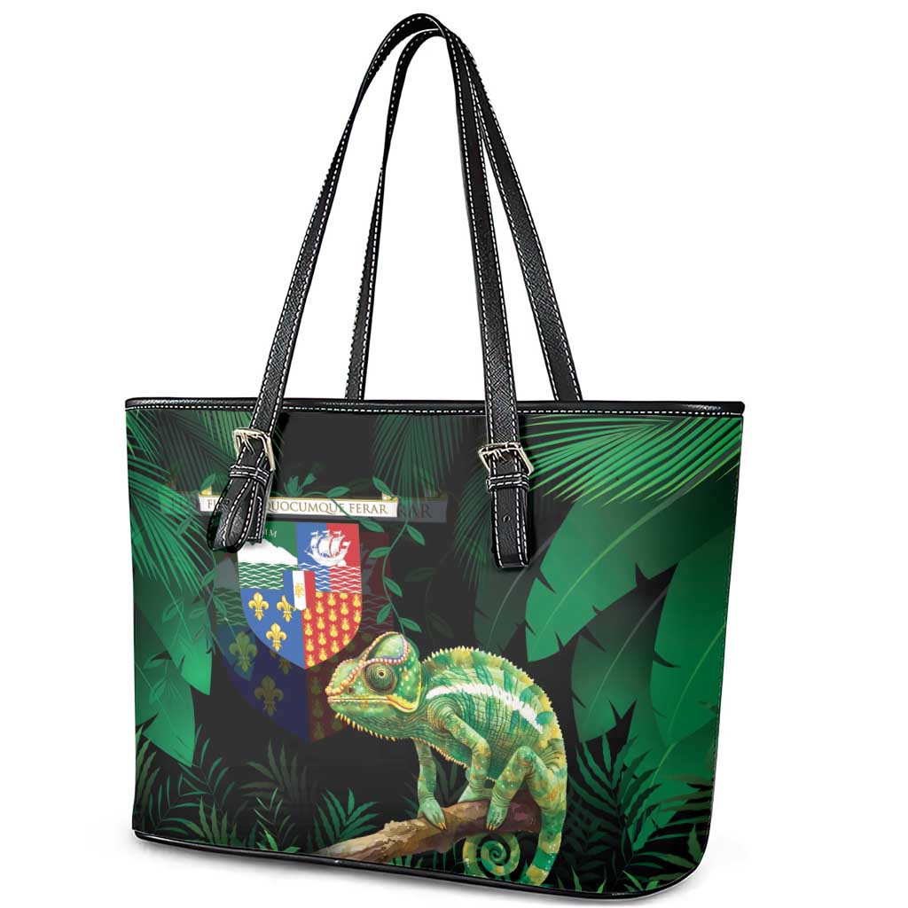Reunion Island Leather Tote Bag Furcifer Pardalis With Coat Of Arms