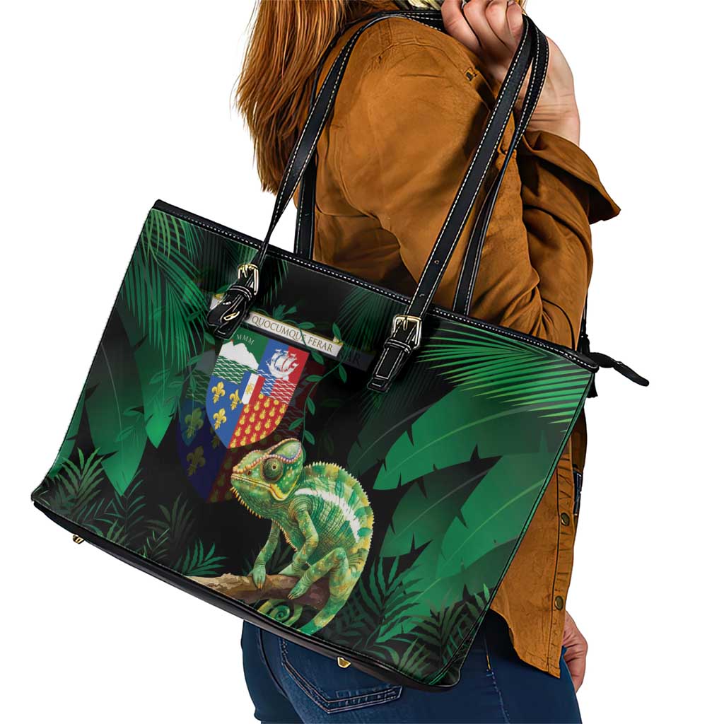 Reunion Island Leather Tote Bag Furcifer Pardalis With Coat Of Arms