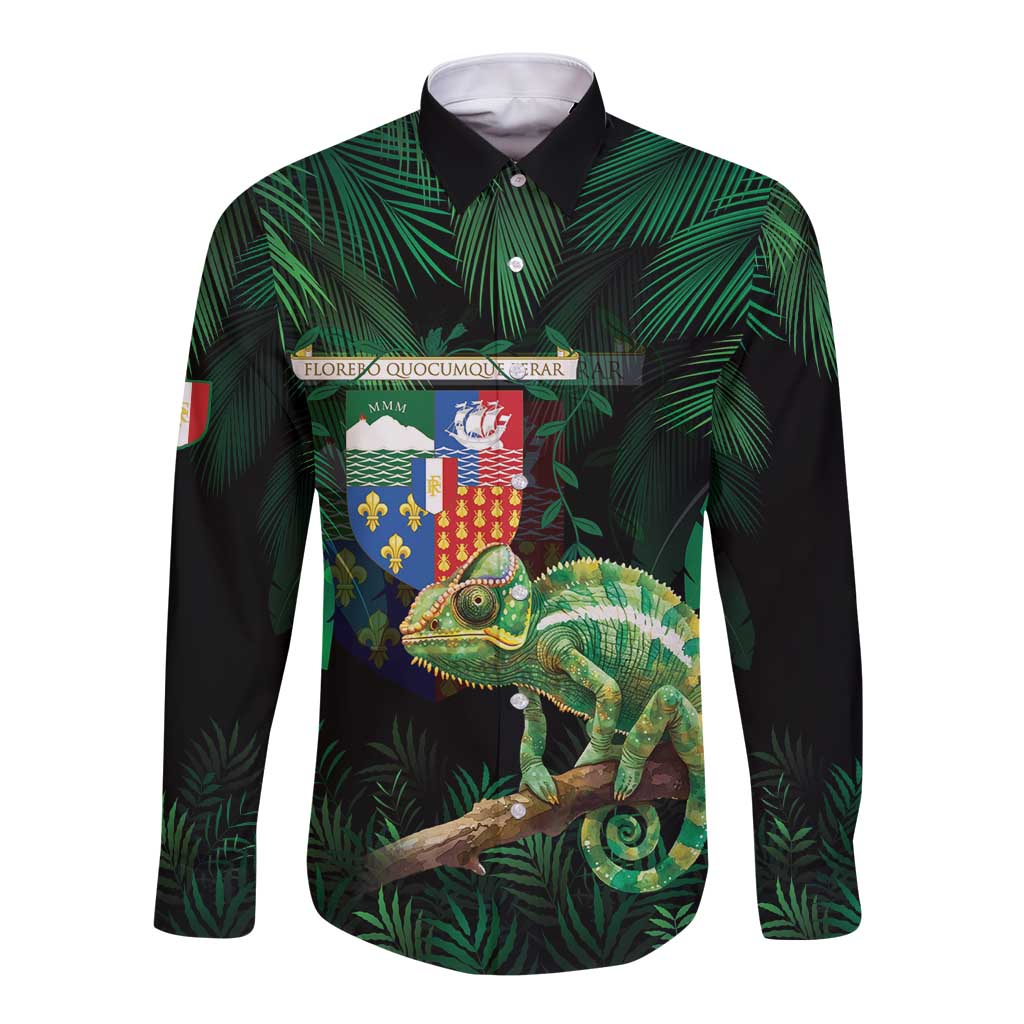 Reunion Island Long Sleeve Button Shirt Furcifer Pardalis With Coat Of Arms