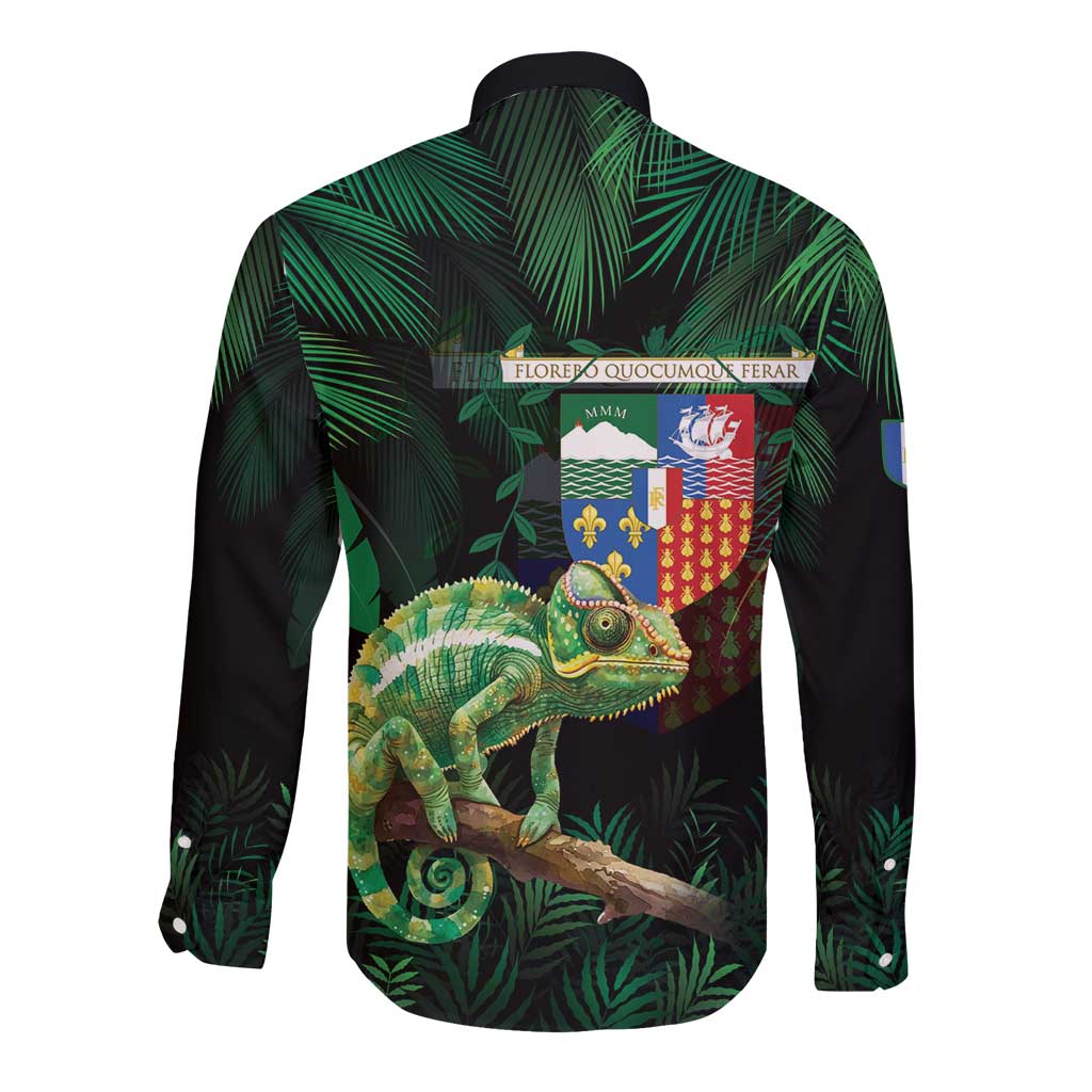 Reunion Island Long Sleeve Button Shirt Furcifer Pardalis With Coat Of Arms