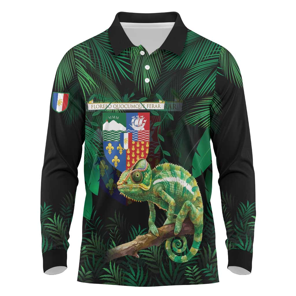 Reunion Island Long Sleeve Polo Shirt Furcifer Pardalis With Coat Of Arms - Wonder Print Shop