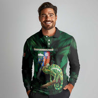 Reunion Island Long Sleeve Polo Shirt Furcifer Pardalis With Coat Of Arms - Wonder Print Shop