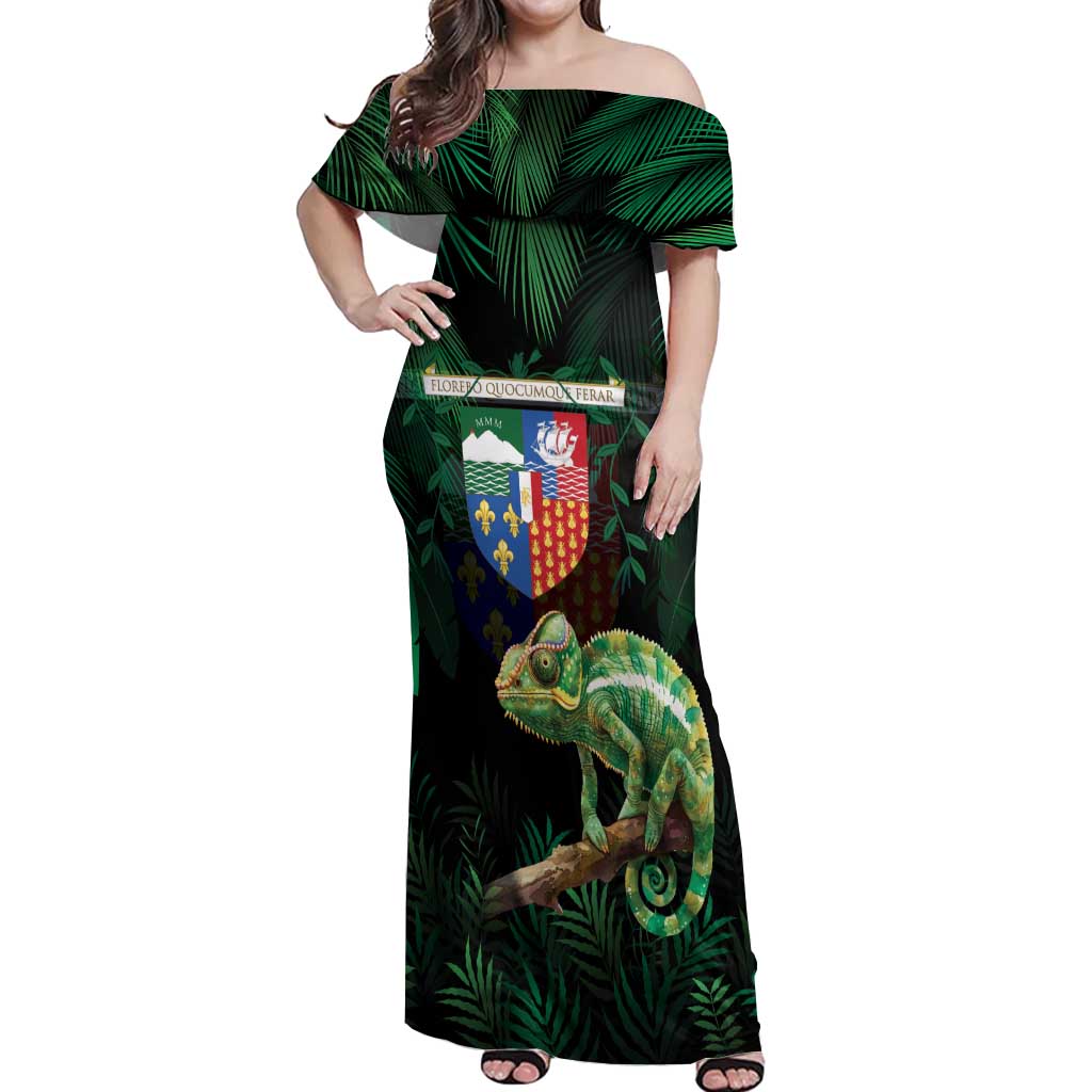 Reunion Island Off Shoulder Maxi Dress Furcifer Pardalis With Coat Of Arms - Wonder Print Shop