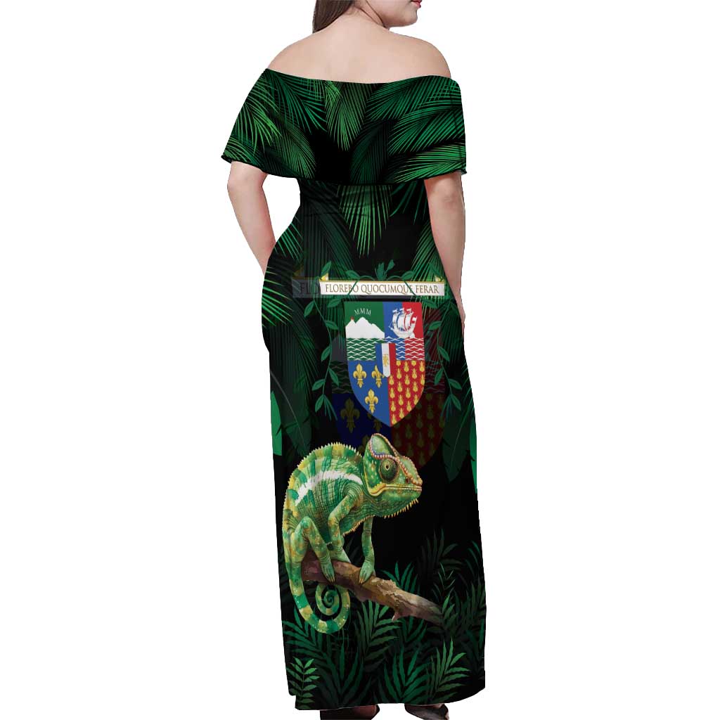 Reunion Island Off Shoulder Maxi Dress Furcifer Pardalis With Coat Of Arms - Wonder Print Shop