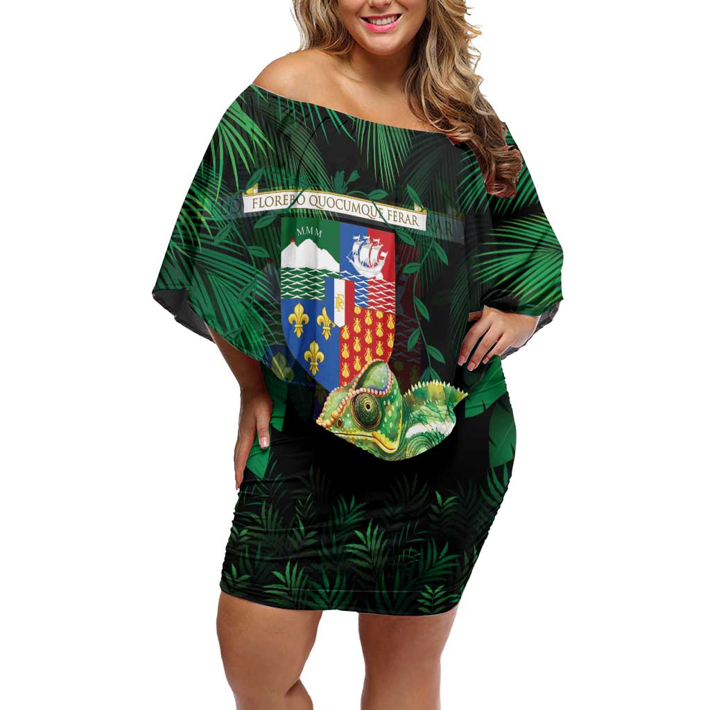 Reunion Island Off Shoulder Short Dress Furcifer Pardalis With Coat Of Arms - Wonder Print Shop