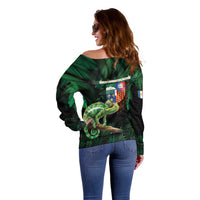 Reunion Island Off Shoulder Sweater Furcifer Pardalis With Coat Of Arms - Wonder Print Shop