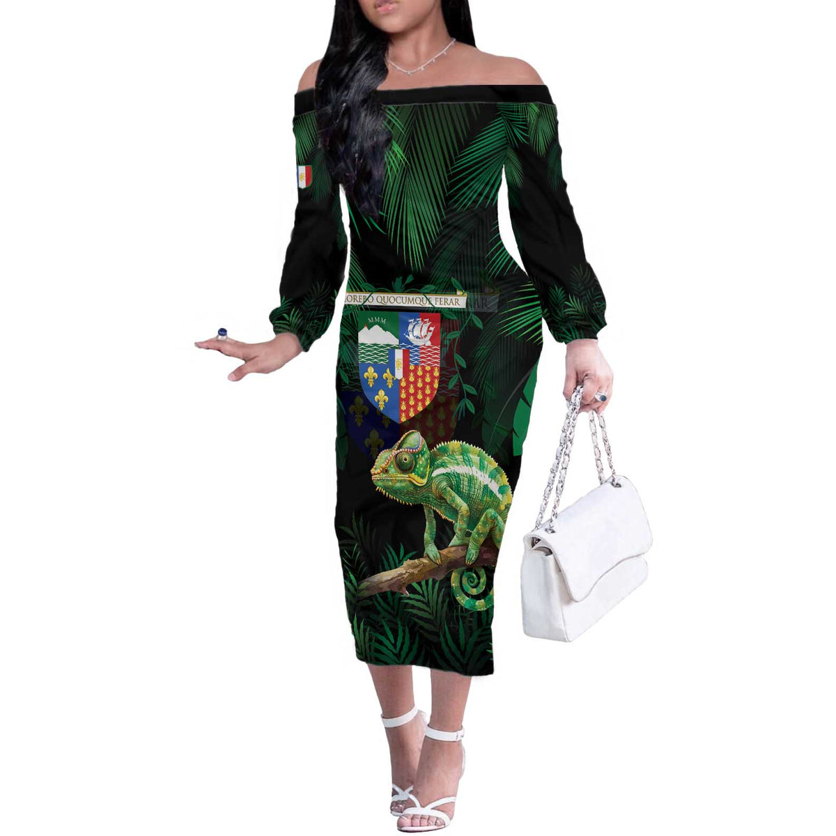 Reunion Island Off The Shoulder Long Sleeve Dress Furcifer Pardalis With Coat Of Arms - Wonder Print Shop
