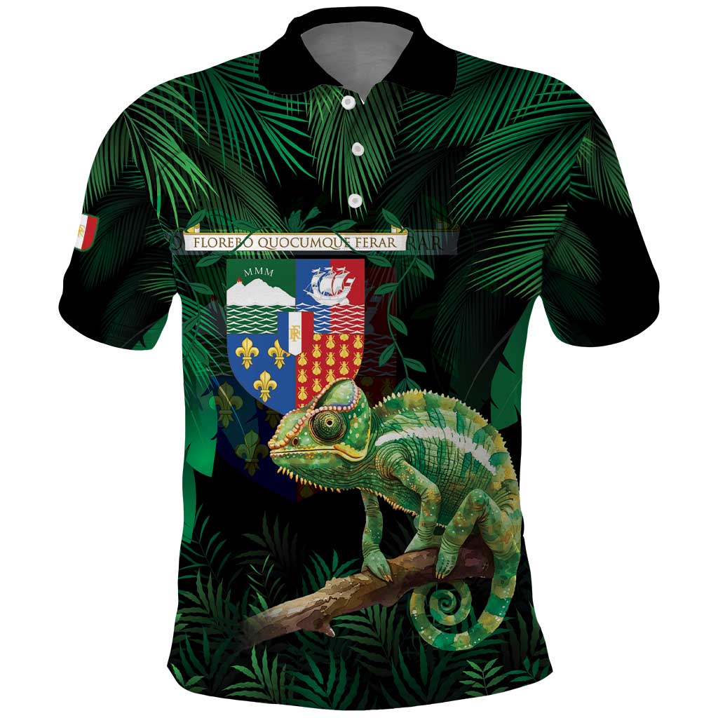 Reunion Island Polo Shirt Furcifer Pardalis With Coat Of Arms - Wonder Print Shop