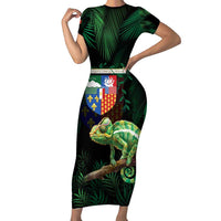 Reunion Island Short Sleeve Bodycon Dress Furcifer Pardalis With Coat Of Arms - Wonder Print Shop