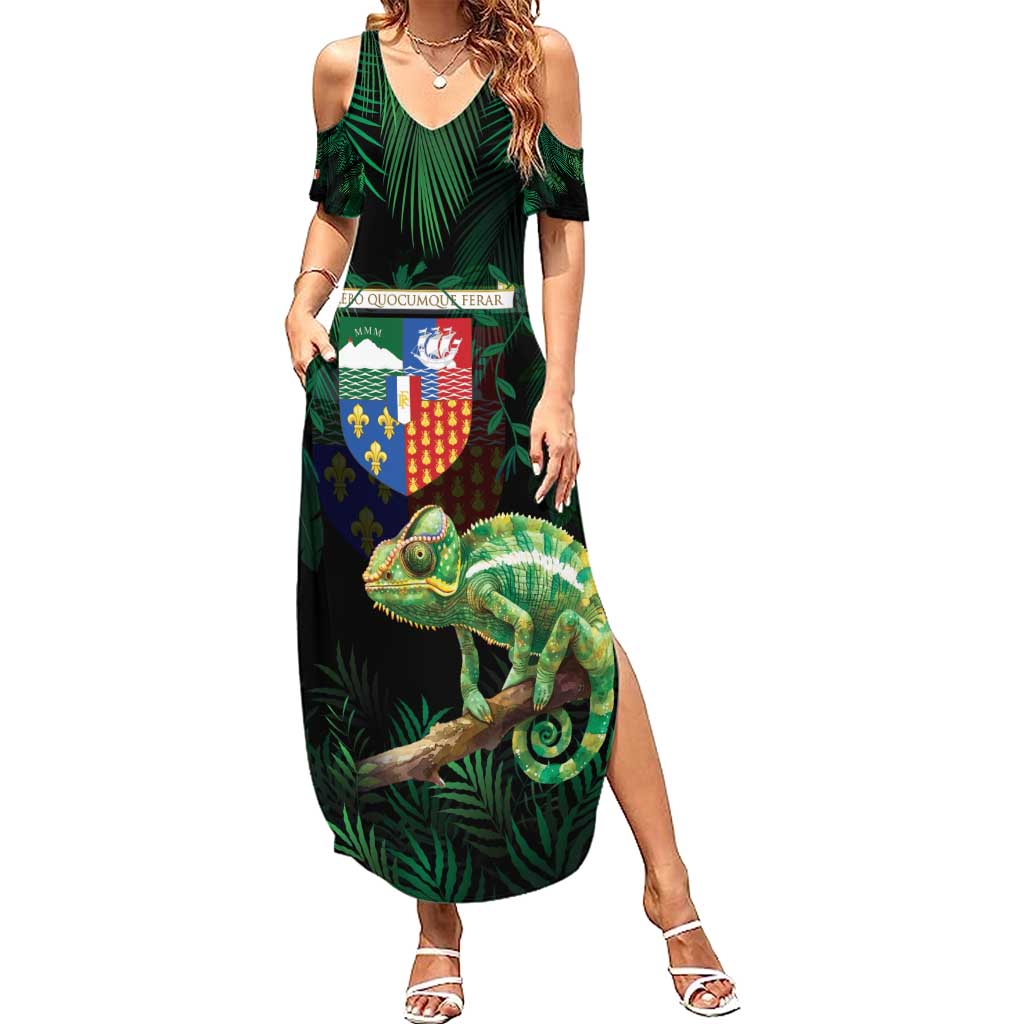Reunion Island Summer Maxi Dress Furcifer Pardalis With Coat Of Arms - Wonder Print Shop
