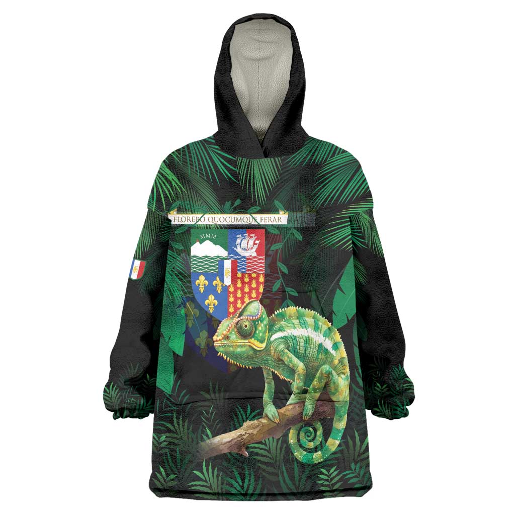 Reunion Island Wearable Blanket Hoodie Furcifer Pardalis With Coat Of Arms - Wonder Print Shop