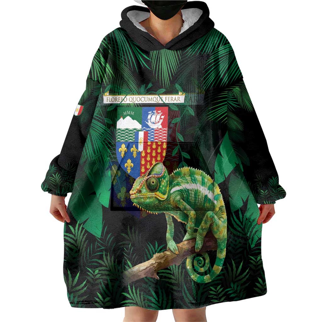 Reunion Island Wearable Blanket Hoodie Furcifer Pardalis With Coat Of Arms - Wonder Print Shop