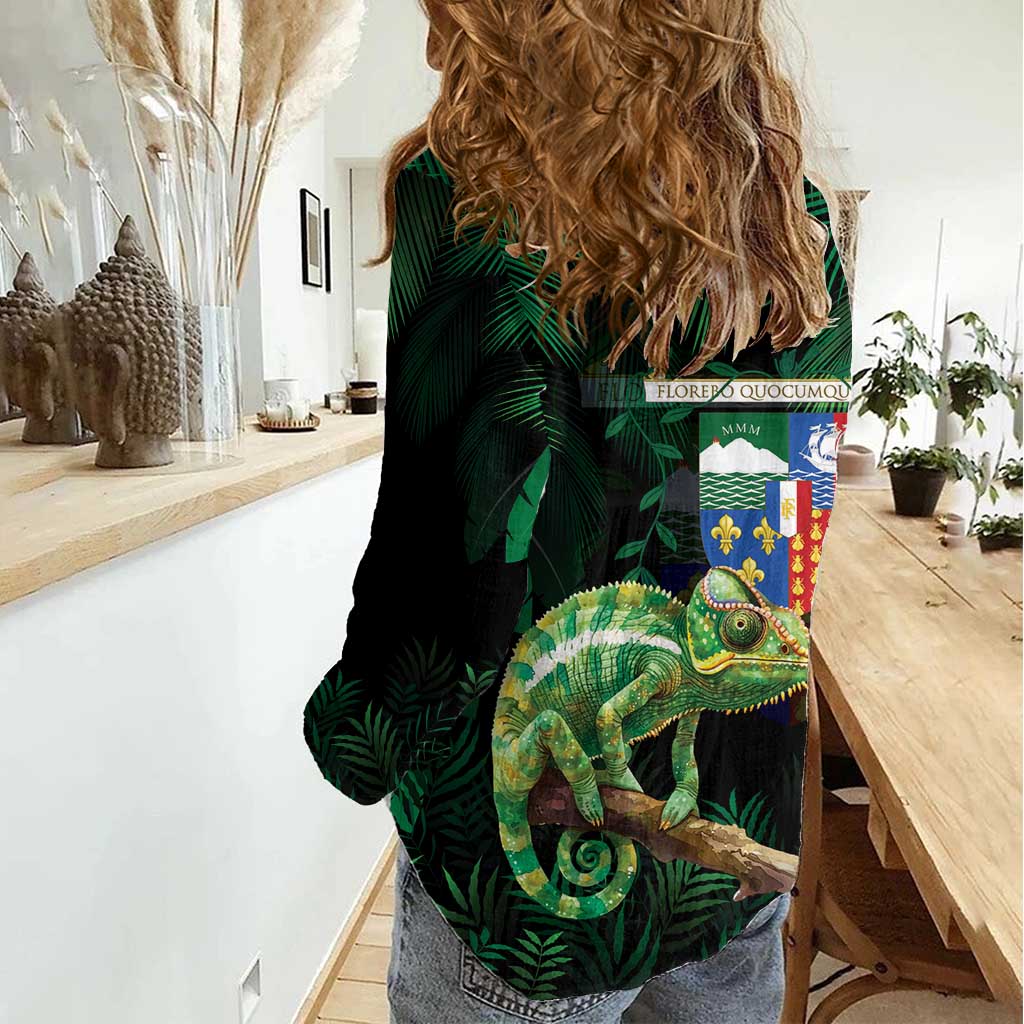 Reunion Island Women Casual Shirt Furcifer Pardalis With Coat Of Arms - Wonder Print Shop