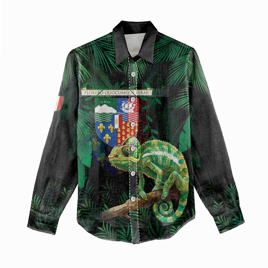 Reunion Island Women Casual Shirt Furcifer Pardalis With Coat Of Arms - Wonder Print Shop