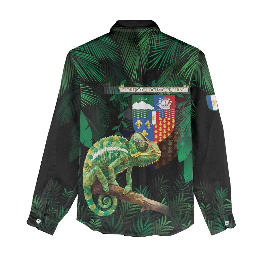 Reunion Island Women Casual Shirt Furcifer Pardalis With Coat Of Arms - Wonder Print Shop