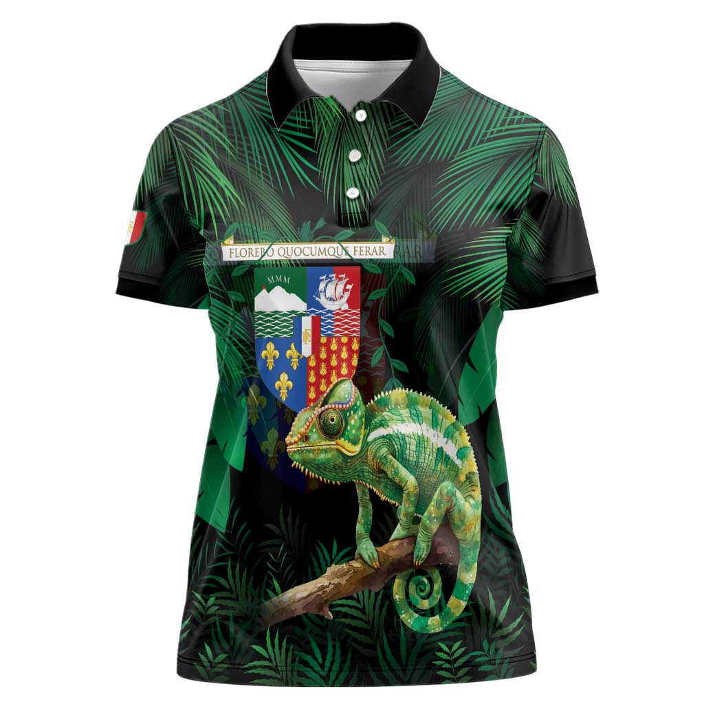 Reunion Island Women Polo Shirt Furcifer Pardalis With Coat Of Arms - Wonder Print Shop