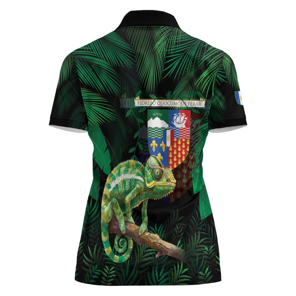 Reunion Island Women Polo Shirt Furcifer Pardalis With Coat Of Arms - Wonder Print Shop