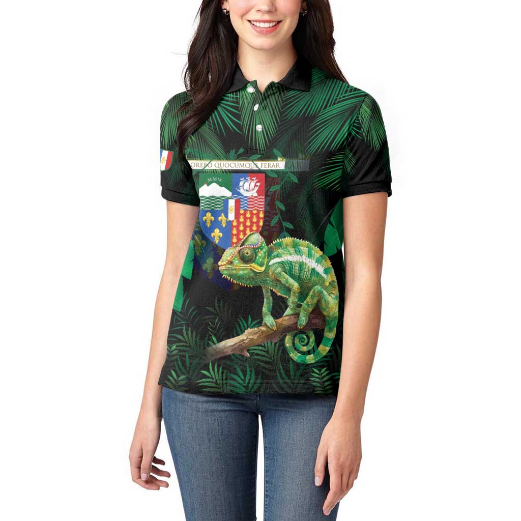 Reunion Island Women Polo Shirt Furcifer Pardalis With Coat Of Arms - Wonder Print Shop