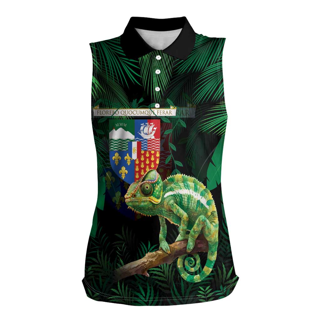 Reunion Island Women Sleeveless Polo Shirt Furcifer Pardalis With Coat Of Arms - Wonder Print Shop