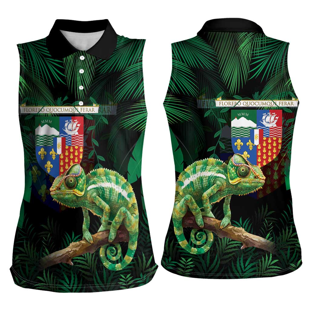 Reunion Island Women Sleeveless Polo Shirt Furcifer Pardalis With Coat Of Arms - Wonder Print Shop