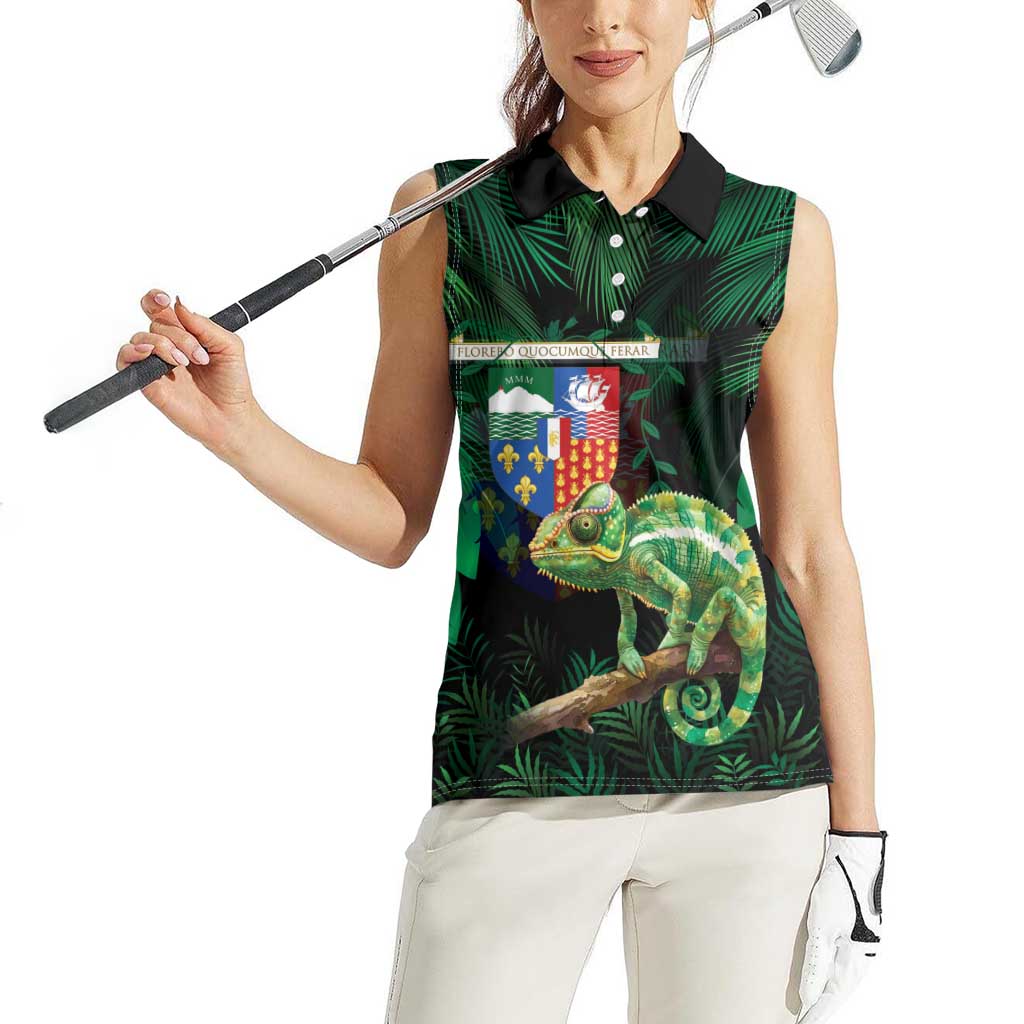 Reunion Island Women Sleeveless Polo Shirt Furcifer Pardalis With Coat Of Arms - Wonder Print Shop