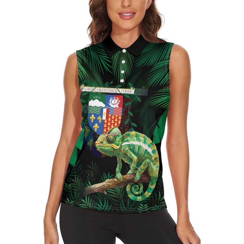 Reunion Island Women Sleeveless Polo Shirt Furcifer Pardalis With Coat Of Arms - Wonder Print Shop