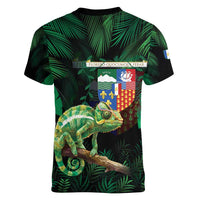 Reunion Island Women V-Neck T-Shirt Furcifer Pardalis With Coat Of Arms - Wonder Print Shop