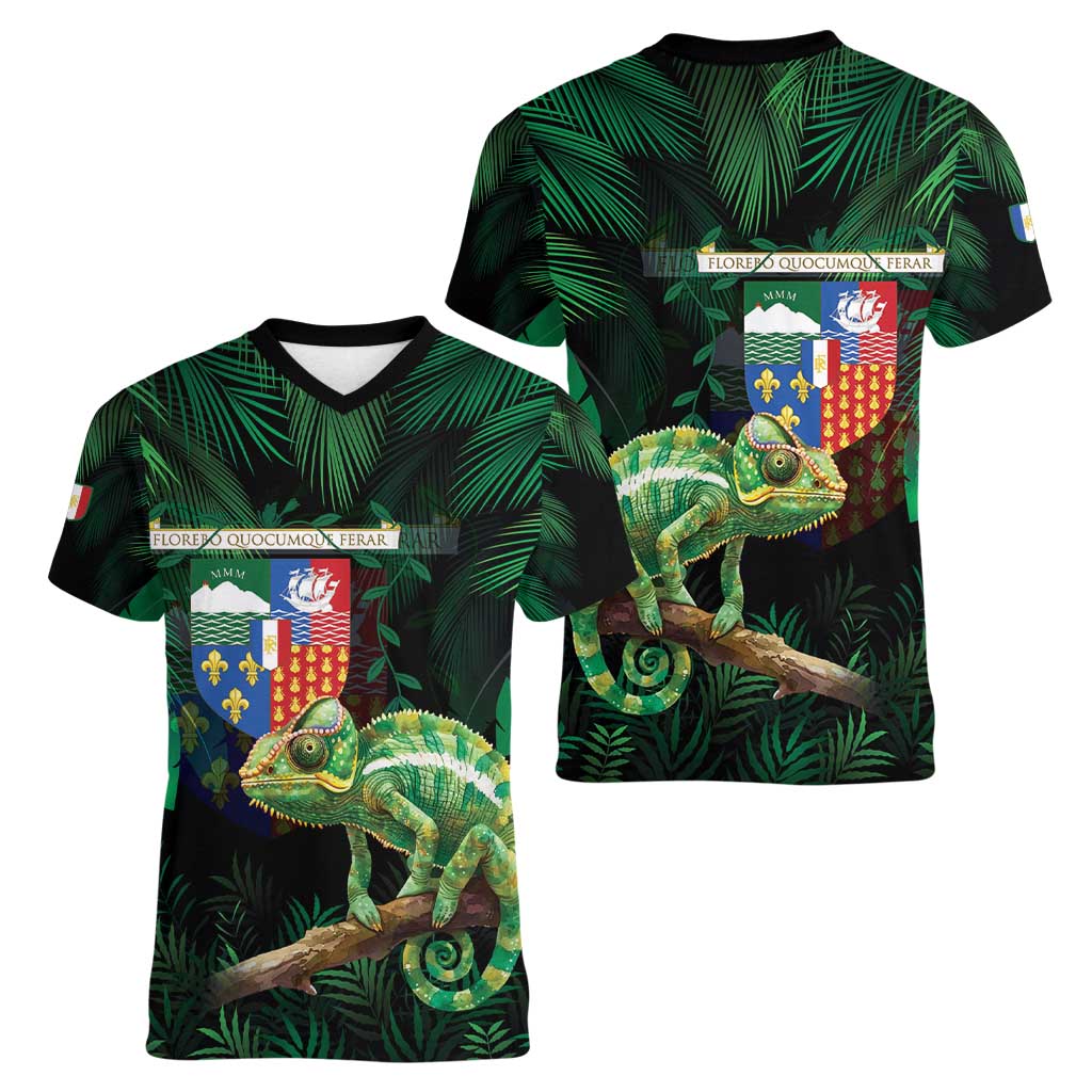 Reunion Island Women V-Neck T-Shirt Furcifer Pardalis With Coat Of Arms - Wonder Print Shop