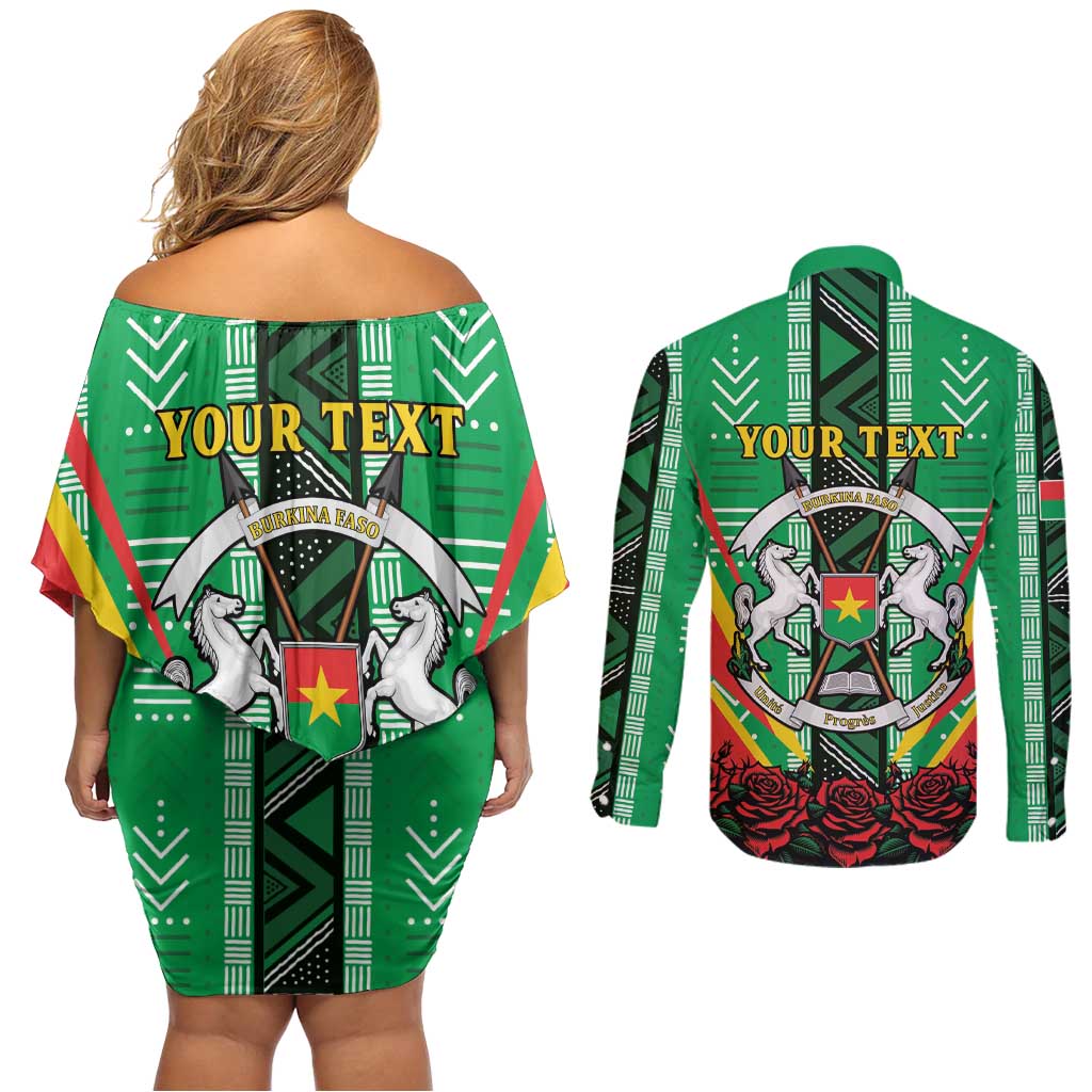 Personalised Burkina Faso Couples Matching Off Shoulder Short Dress and Long Sleeve Button Shirt Coat Of Arms Bogolan Pattern