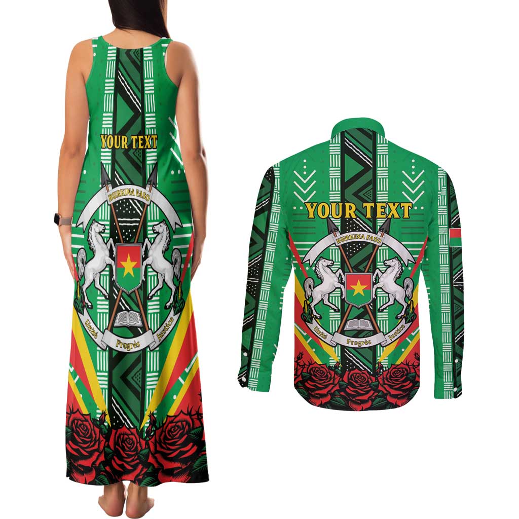 Personalised Burkina Faso Couples Matching Tank Maxi Dress and Long Sleeve Button Shirt Coat Of Arms Bogolan Pattern
