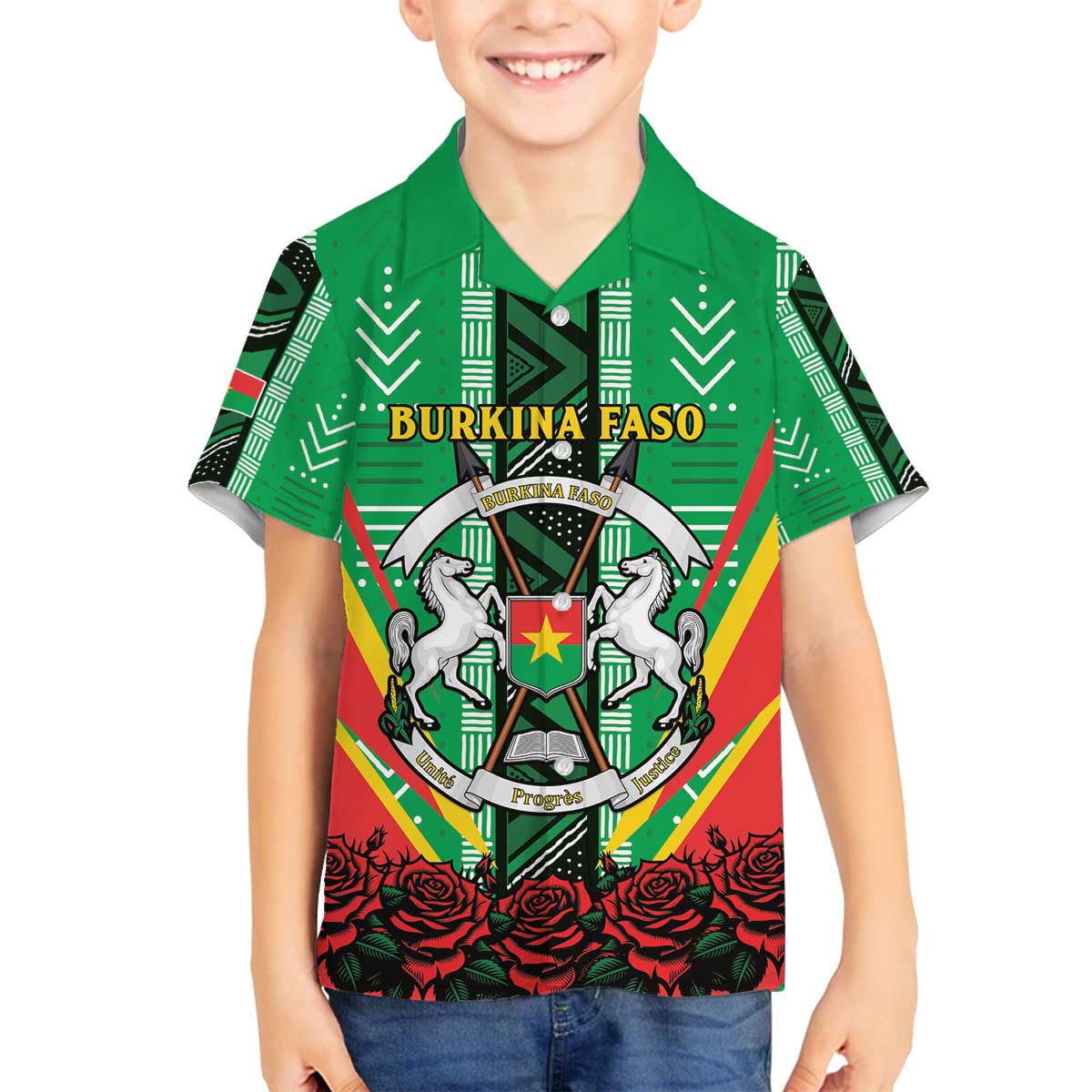 Personalised Burkina Faso Family Matching Off The Shoulder Long Sleeve Dress and Hawaiian Shirt Coat Of Arms Bogolan Pattern