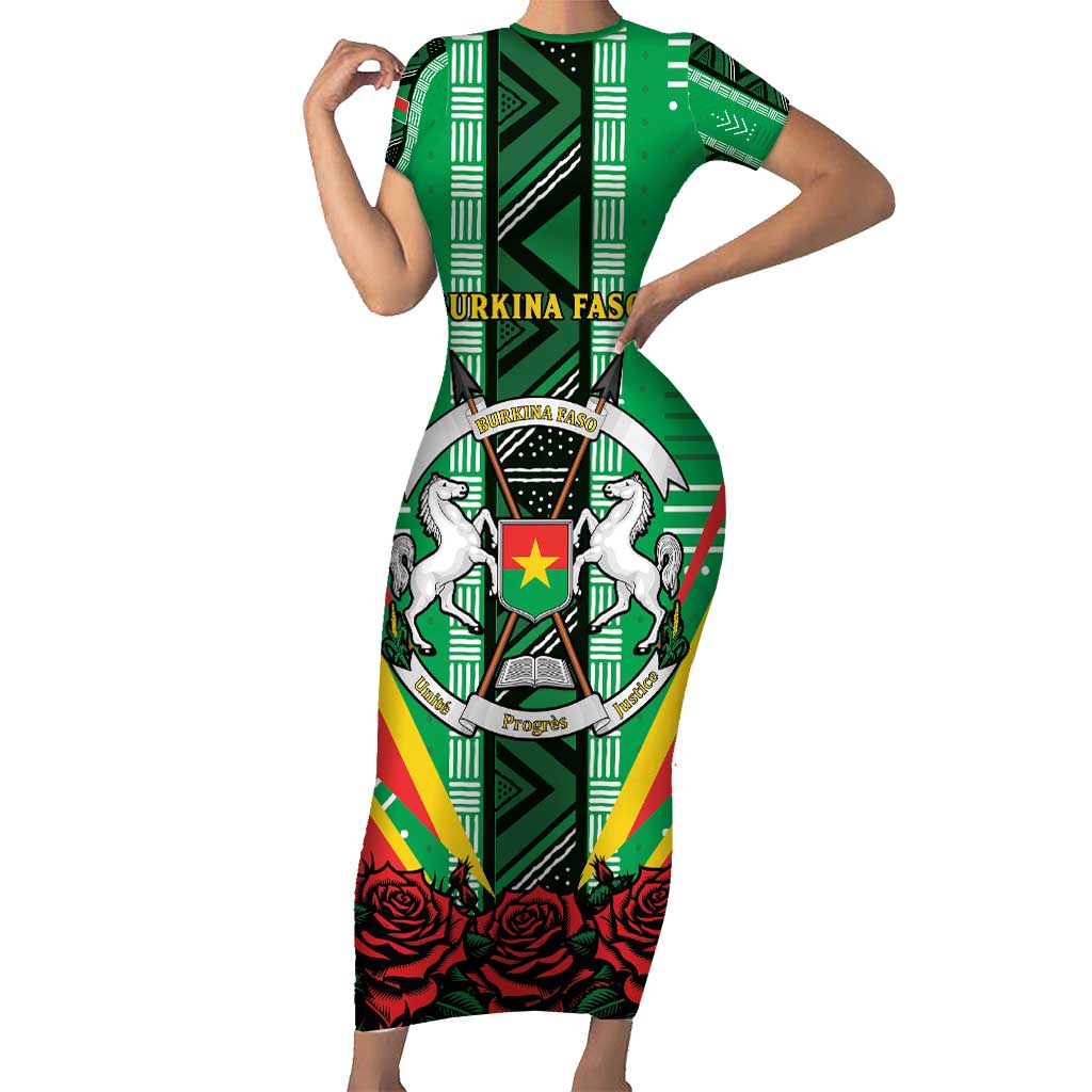 Personalised Burkina Faso Family Matching Short Sleeve Bodycon Dress and Hawaiian Shirt Coat Of Arms Bogolan Pattern