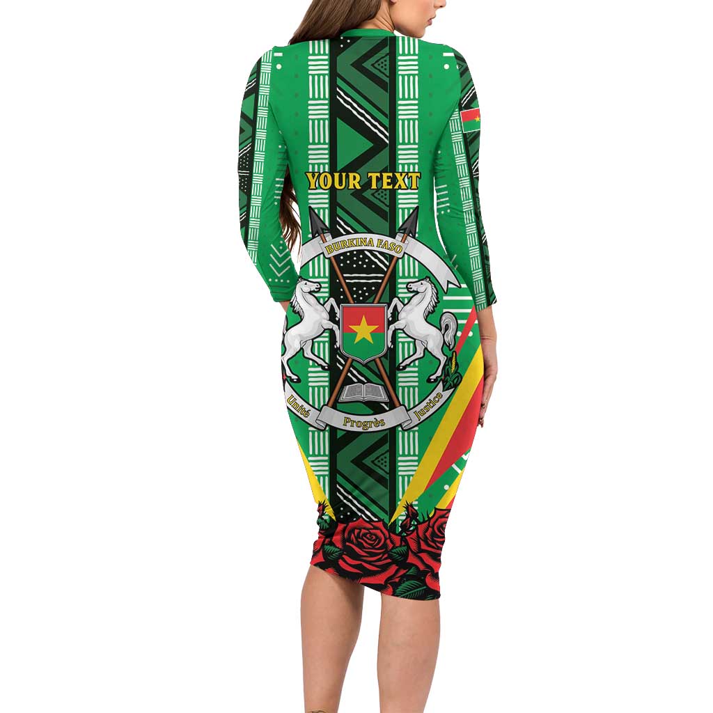 Personalised Burkina Faso Long Sleeve Bodycon Dress Coat Of Arms Bogolan Pattern