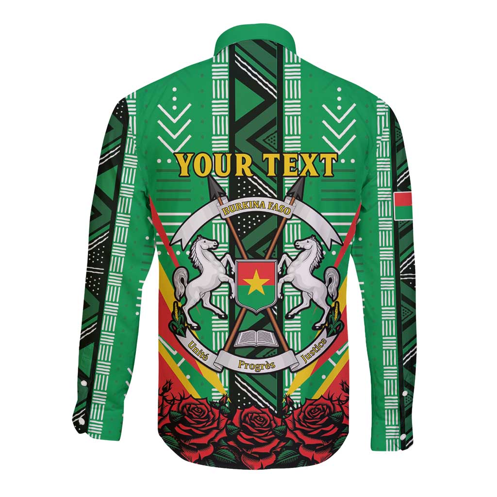 Personalised Burkina Faso Long Sleeve Button Shirt Coat Of Arms Bogolan Pattern