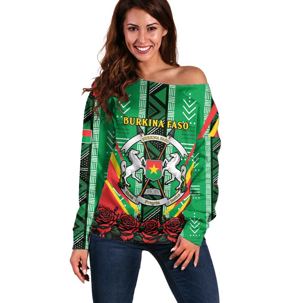 Personalised Burkina Faso Off Shoulder Sweater Coat Of Arms Bogolan Pattern