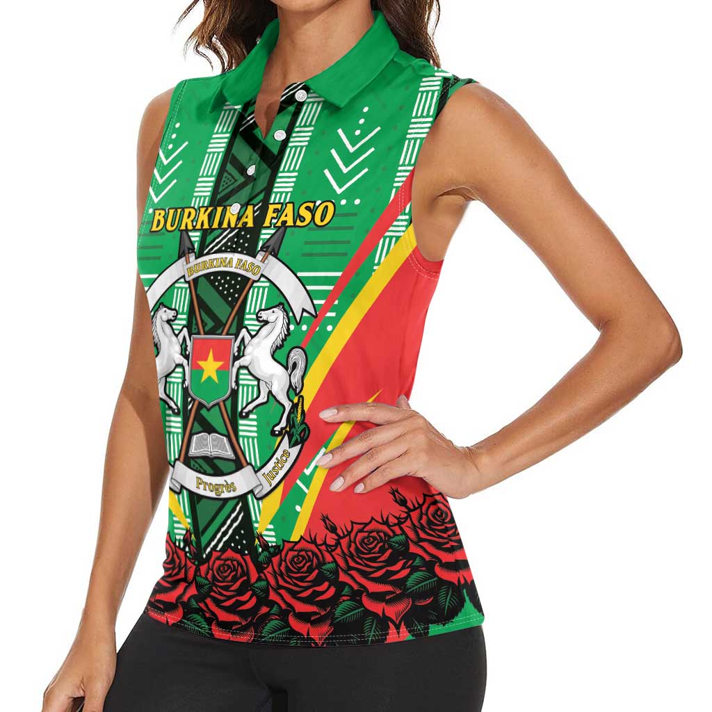 Personalised Burkina Faso Women Sleeveless Polo Shirt Coat Of Arms Bogolan Pattern