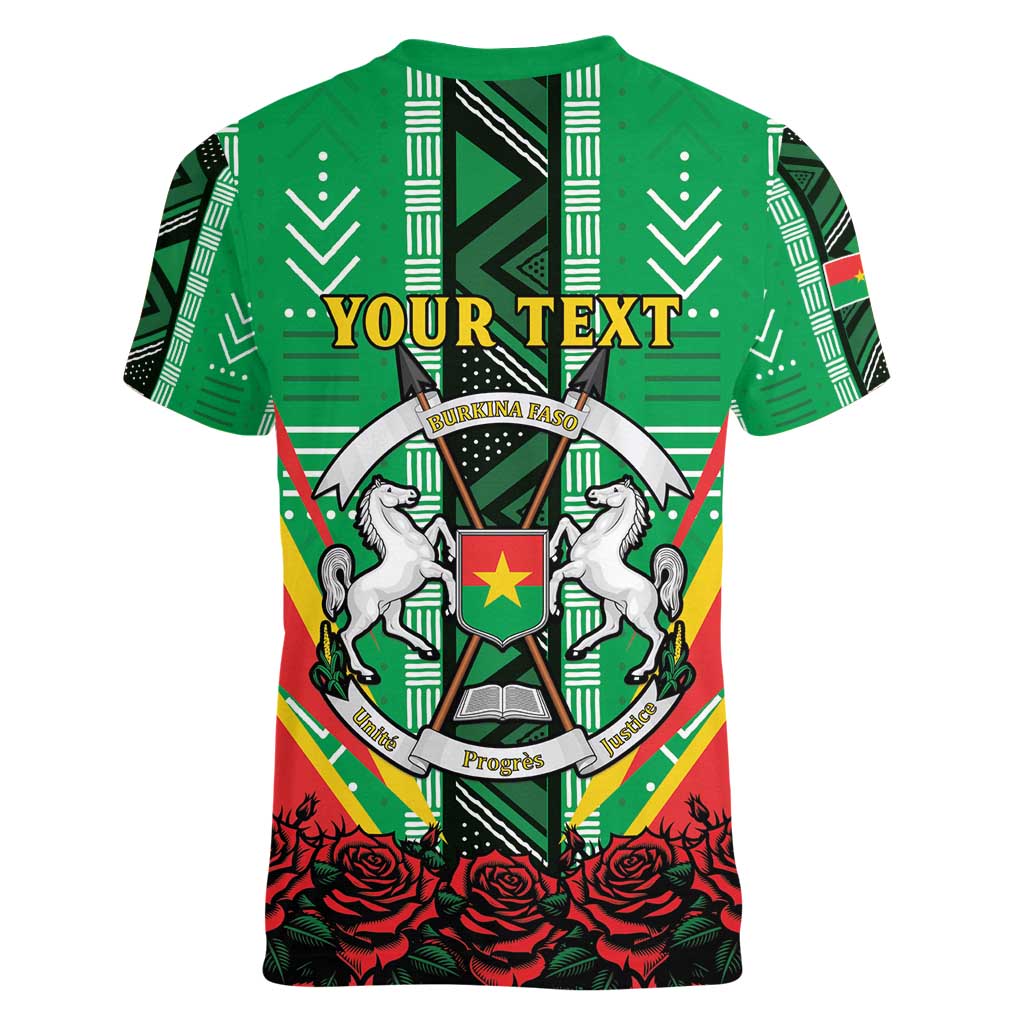 Personalised Burkina Faso Women V-Neck T-Shirt Coat Of Arms Bogolan Pattern