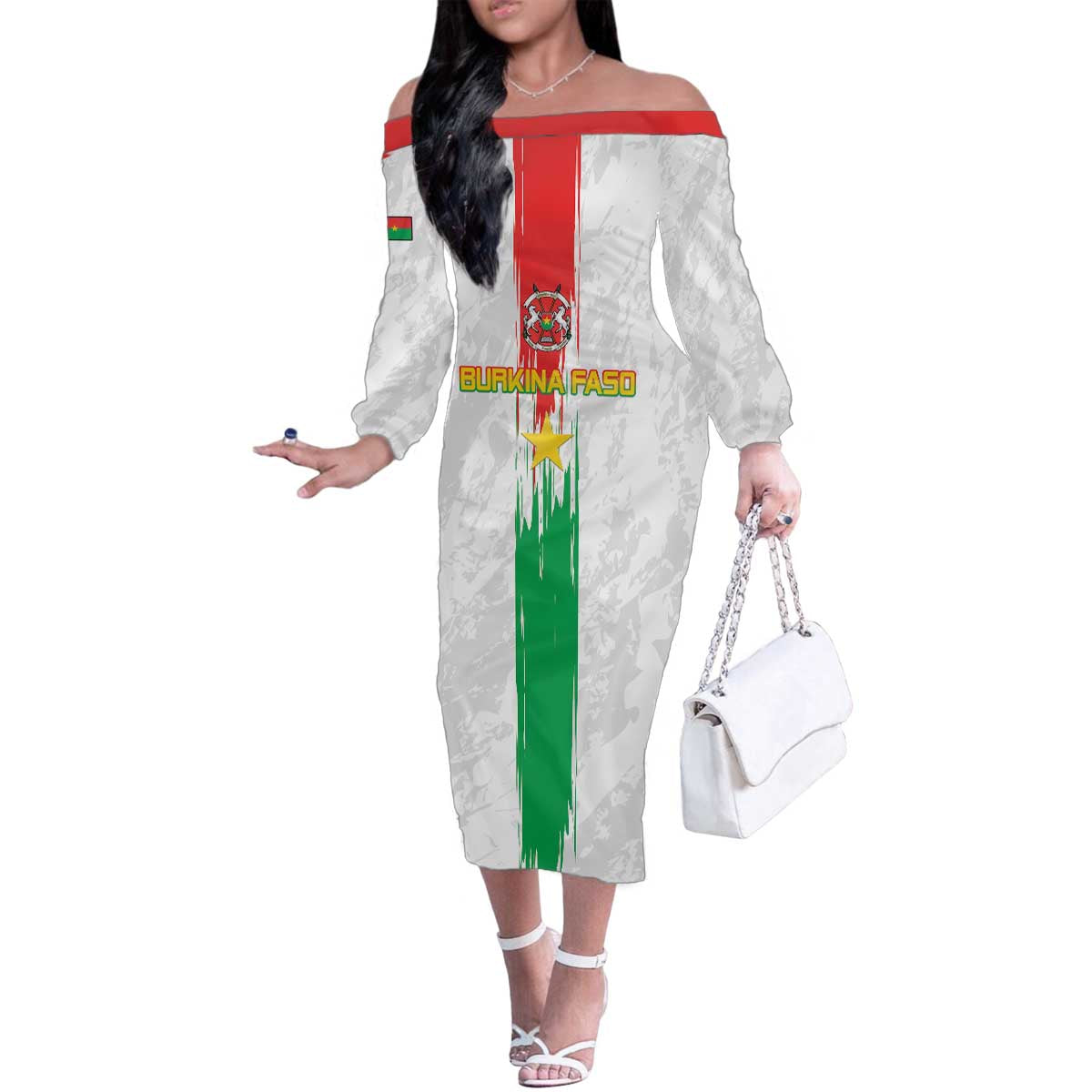 Custom Burkina Faso Football Family Matching Off The Shoulder Long Sleeve Dress and Hawaiian Shirt Grunge Style