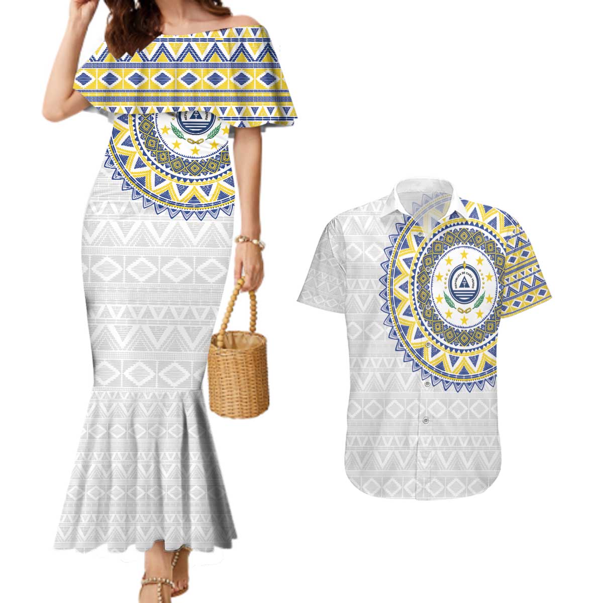 Cape Verde Couples Matching Mermaid Dress and Hawaiian Shirt African Tribal Pattern