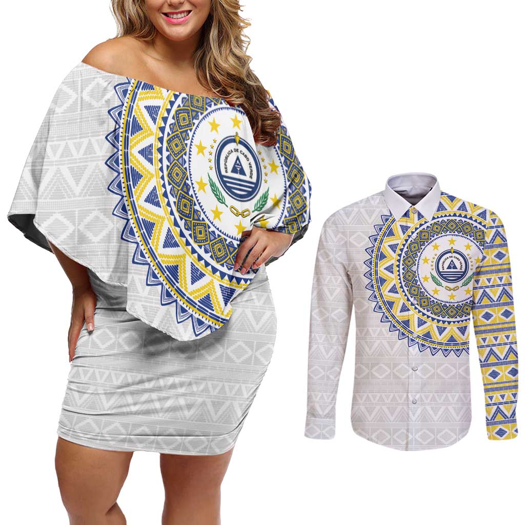 Cape Verde Couples Matching Off Shoulder Short Dress and Long Sleeve Button Shirt African Tribal Pattern
