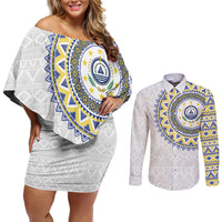 Cape Verde Couples Matching Off Shoulder Short Dress and Long Sleeve Button Shirt African Tribal Pattern