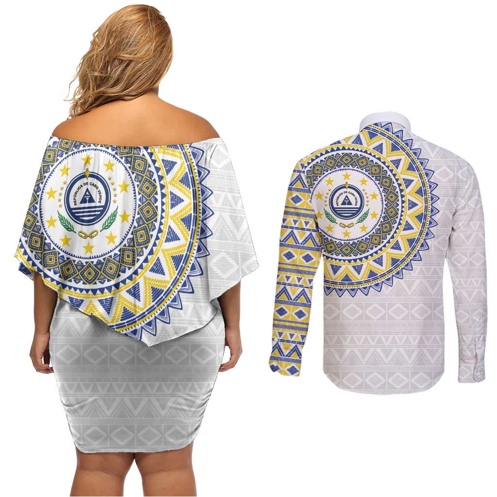 Cape Verde Couples Matching Off Shoulder Short Dress and Long Sleeve Button Shirt African Tribal Pattern